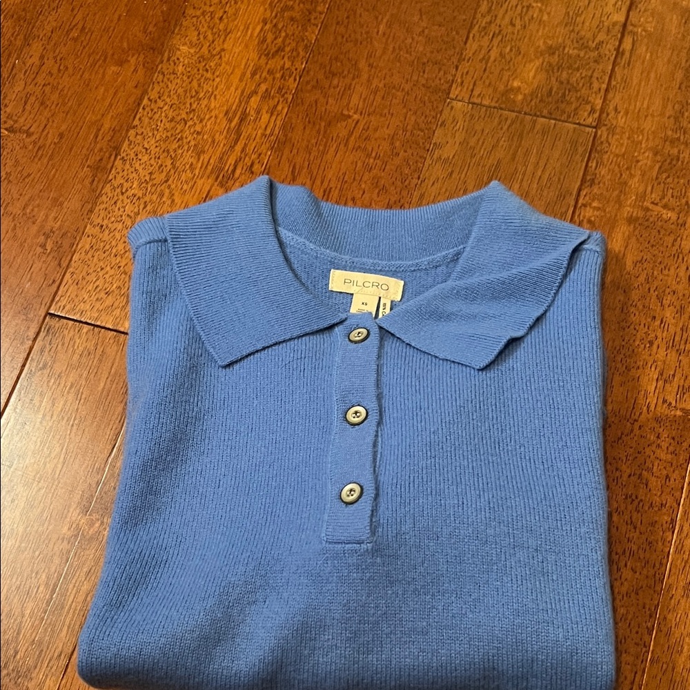 Anthropologie Jensen Cropped Polo Cashmere Pilcro Blue Collared Sweater